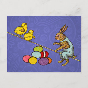 Postal Festiva Ilustración del conejo de Pascua poniendo huevos