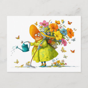 Postal Festiva Ilustración divertida de abuela cuidando flores