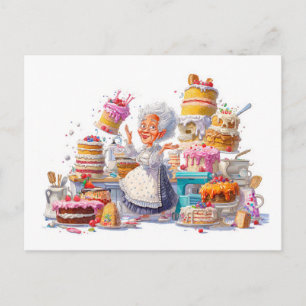 Postal Festiva Ilustración divertida de abuela horneando pasteles