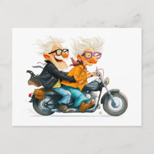 Postal Festiva Ilustración divertida de ancianos montando motocic