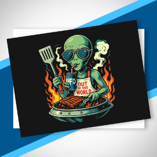 Postal Festiva Ilustración divertida de barbacoa alienígena retro
