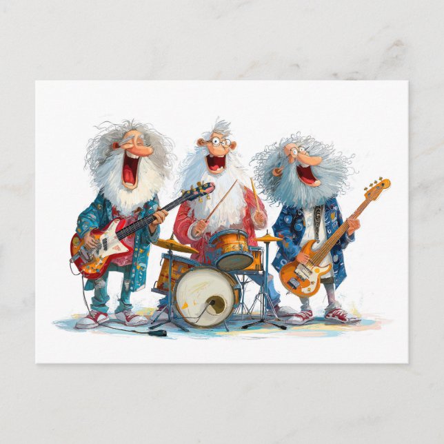 Postal Festiva Ilustración divertida de personas mayores tocando  (Anverso)