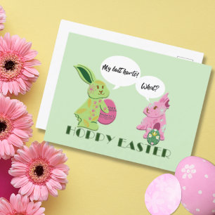 Postal Festiva Ilustracion divertido Green Pink Easter Bunnies