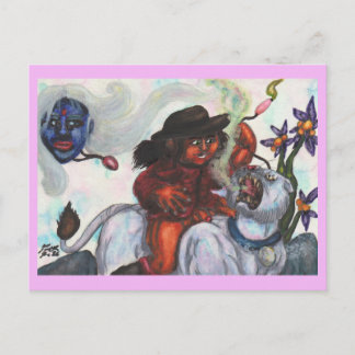 Postal Festiva Ilustración en acuarela Eros montando una leona bl