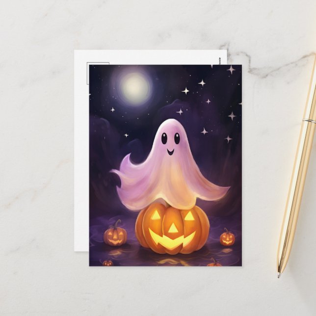 Postal Festiva Ilustracion Halloween Ghost Jack-o'-lantern (Anverso/Reverso In Situ)