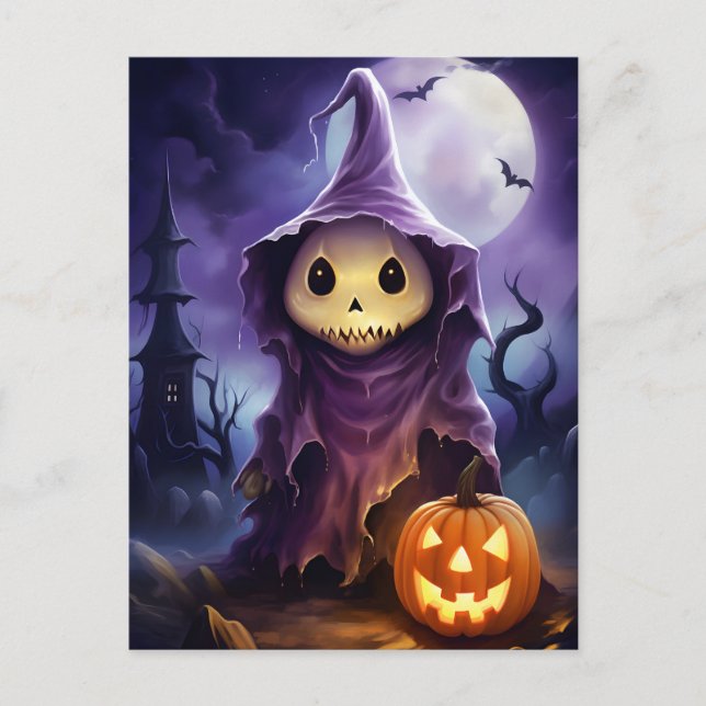 Postal Festiva Ilustracion Halloween Ghost Jack-o'-lantern (Anverso)
