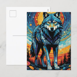 Postal Festiva Ilustracion mosaico colorido del lobo majestuoso