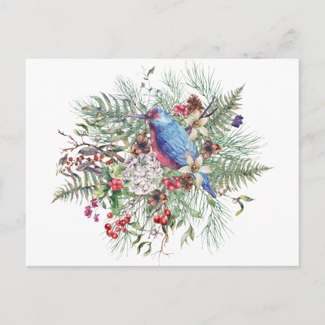Postal Festiva Ilustracion natural navidades con pájaro y bayas (Anverso)