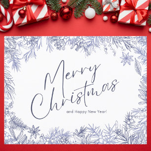 Postal Festiva Ilustracion navideño botánico Blue Merry