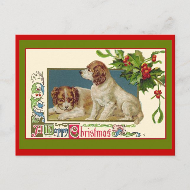 Postal Festiva Ilustracion navideño de cachorros (Anverso)