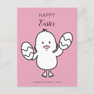 Postal Festiva Ilustracion Pastel Rosa Cute Pascua de Chick y Hue