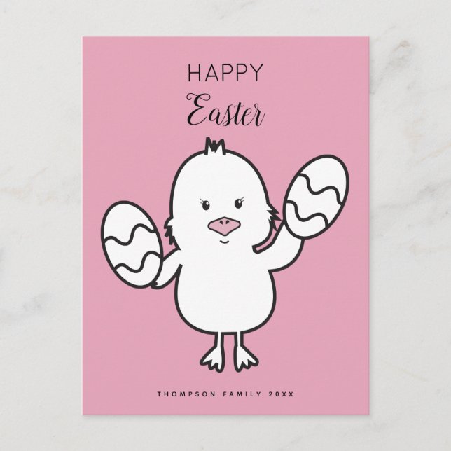 Postal Festiva Ilustracion Pastel Rosa Cute Pascua de Chick y Hue (Anverso)