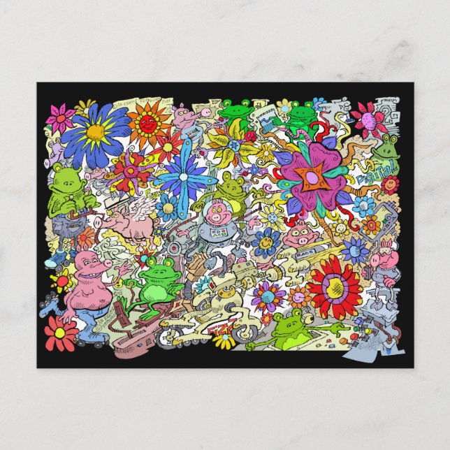 Postal Festiva ilustracion personalizado, de cerdos, flores y ran (Anverso)