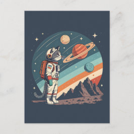 Postal Festiva Ilustración Retro de Gato Astronauta Espacio Cósmi