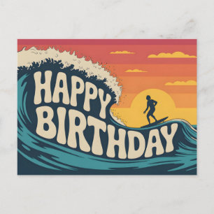 Postal Festiva Ilustración Retro Surf Tema "Feliz Cumpleaños"