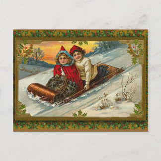 Postal Festiva Ilustracion Sledding del Victorian del vintage en
