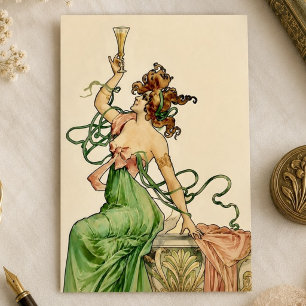 Postal Festiva Ilustración Vintage Art Nouveau de Dama de Champán