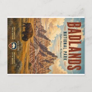 Postal Festiva Ilustración Vintage del Parque Nacional Badlands c