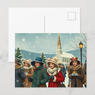 Postal Festiva Ilustracion Vintage Personas abandonando la iglesi