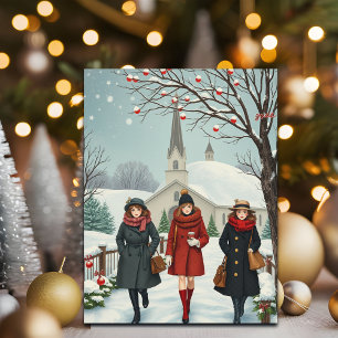 Postal Festiva Ilustracion vintage Personas yendo a la iglesia