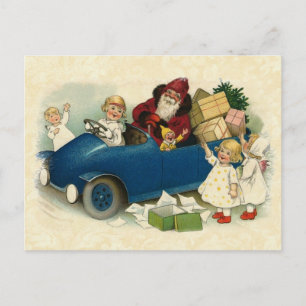 Postal Festiva Ilustracion Vintage Santa, Coche Antiguo, Niños