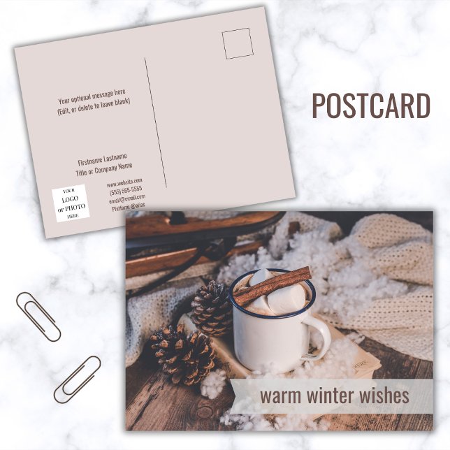 Postal Festiva Invierno Cálido Deseos de Negocios Felices Fiestas (Warm Winter Wishes hot cocoa postcard)
