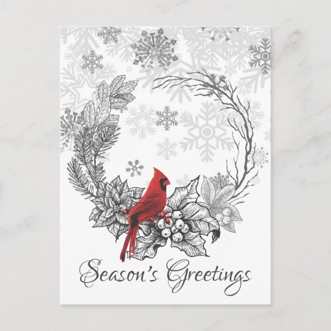 Postal Festiva Invierno de la temporada de guirnaldas y aves roja (Anverso)