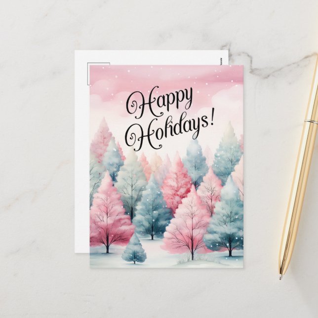 Postal Festiva Invierno de los árboles de flores de menta y rosa (Anverso/Reverso In Situ)