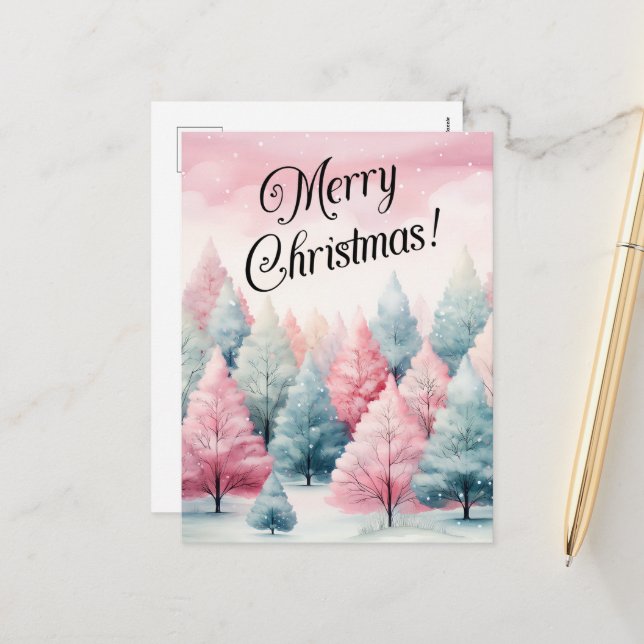 Postal Festiva Invierno de los árboles de flores de menta y rosa (Anverso/Reverso In Situ)