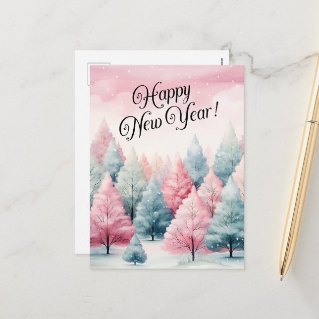 Postal Festiva Invierno de los árboles de flores de menta y rosa (Anverso/Reverso In Situ)