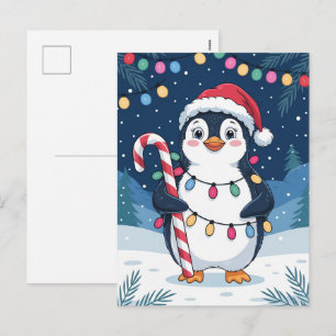 Postal Festiva Invierno Nevado Pingüino Lindo con Gorro de Santa