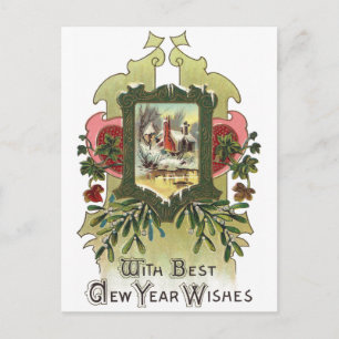 Postal Festiva Ivy y Mistletoe Vintage Año Nuevo