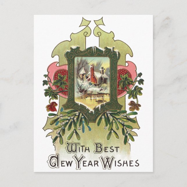 Postal Festiva Ivy y Mistletoe Vintage Año Nuevo (Anverso)