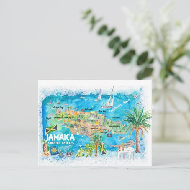 Postal Festiva Jamaica Ilustró mapa de viajes con carreteras (Anverso de pie)
