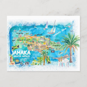 Postal Festiva Jamaica Ilustró mapa de viajes con carreteras