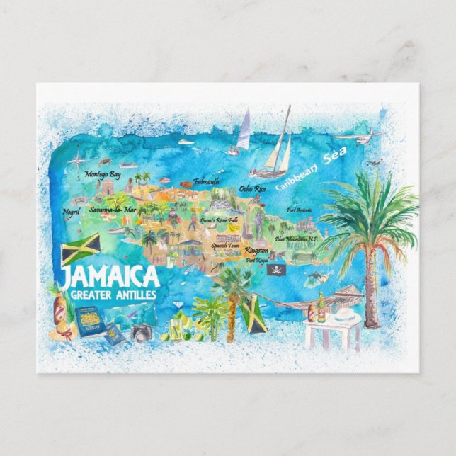 Postal Festiva Jamaica Ilustró mapa de viajes con carreteras (Anverso)