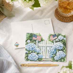 Postal Festiva Jardín de Casa de Campo con Hortensias Azules Patr