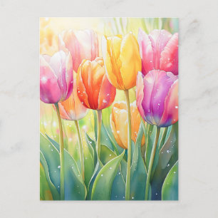 Postal Festiva Jardín de Tulipanes de la Primavera de la acuarela