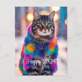 Postal Festiva Jazzy Kitty con abrigo de piel - Feliz 2024