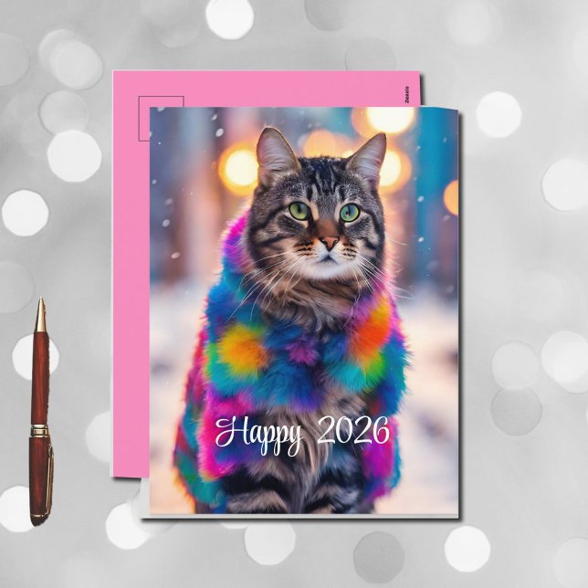 Postal Festiva Jazzy Kitty con abrigo de piel - Feliz 2026 (Subido por el creador)