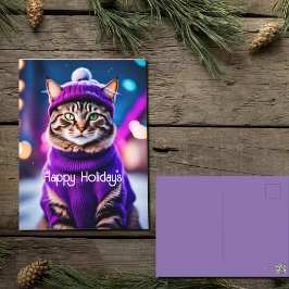 Postal Festiva Jazzy Kitty en suéter morado