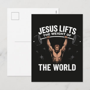 Postal Festiva Jesucristo levantando pesas muerto