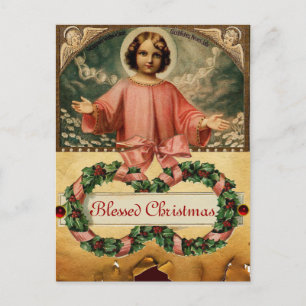 POSTAL FESTIVA JESÚS INFANTIL CON ANGELES Y NAVIDADES CRUZADOS