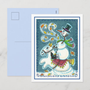 POSTAL FESTIVA JINETE SIN CABEZA MUÑECO DE NIEVE, HUMOR DE NAVIDA