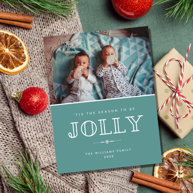Postal Festiva Jolly Modern Verde azulada Navidades de fotografía (Jolly Modern Teal Family Photo Christmas Holiday Postcard)