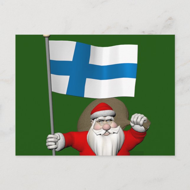 Postal Festiva Jolly Santa Claus Con Bandera De Finlandia (Anverso)