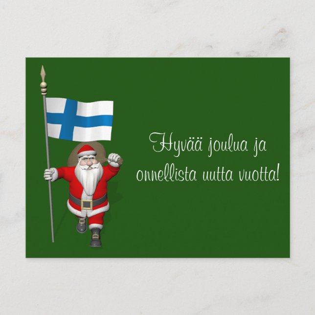 Postal Festiva Jolly Santa Claus Con Bandera De Finlandia (Anverso)