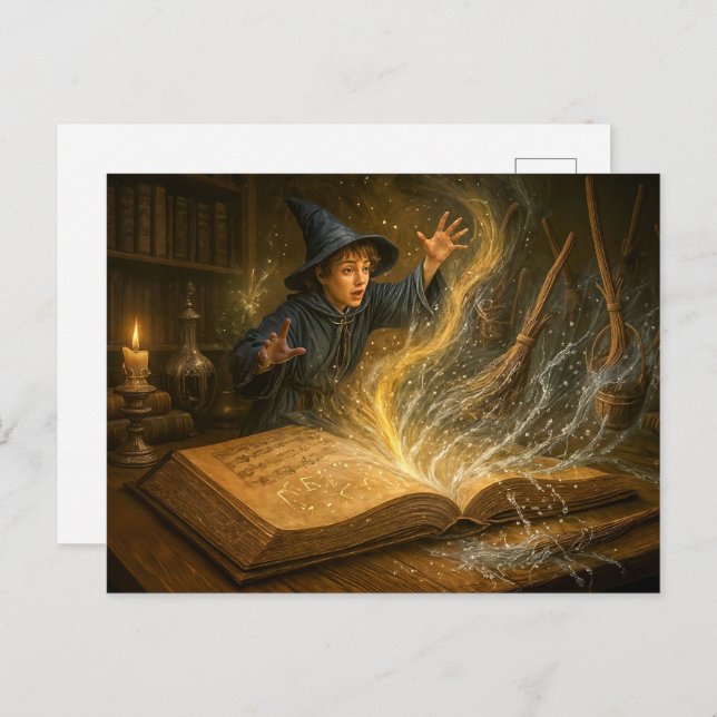 Postal Festiva Joven asistente con ilustracion de fantasía de lib (Anverso / Reverso)