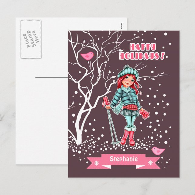 Postal Festiva Jóven esquiadora Chica | Navidades de nombres pers (Anverso / Reverso)