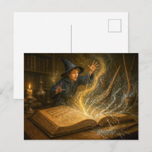 Postal Festiva Joven mago con ilustración de fantasía de libro
